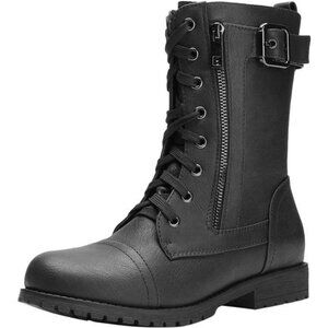 Womens Combat Boots Lace Up Mid Calf Side Zipper Non Slip Lug Sole